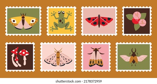 Set cute hand  drawn post stamps and butterflies  mushrooms  moth  frog  Trendy modern vector illustartions in Cartoon Flat design  Mail   post office conceptual drawing  Cottagecore aesthetics  
