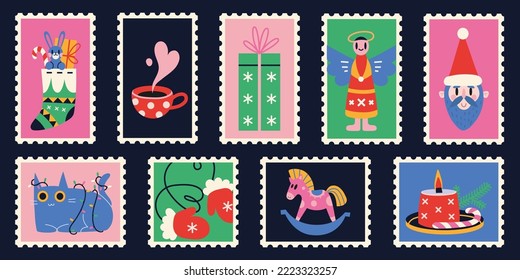 Set of cute hand-drawn post stamps with Christmas and New Year attributes. Trendy modern vector illustartions in Cartoon design. Mail and post office drawing