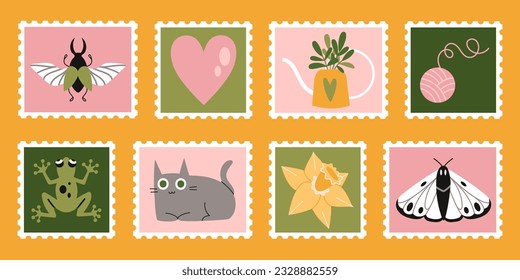 Set of cute hand-drawn post stamps with natural plant elements, attributes like flowers, moth, frog. Trendy modern vector illustartions in Cartoon style