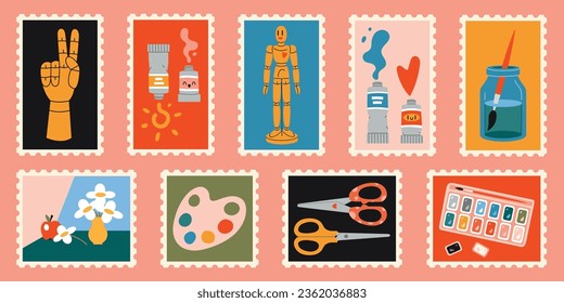 Set of cute hand-drawn post stamps with painting tools elements and art supplies. Trendy modern vector illustartions in Cartoon styleф