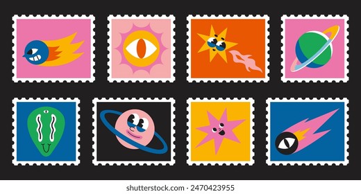 Set of cute hand-drawn post stamps with funny cartoon space elements like planet, comet, star, sun and alien. Trendy modern vector illustartions, flat design
