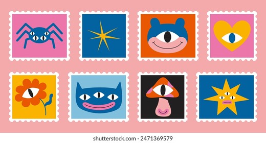 Set of cute hand-drawn post stamps with funny cartoon characters such as monsters, flower, star, spider and mushroom. Trendy modern vector illustartions, flat design