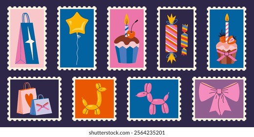 Set of cute hand-drawn post stamps with bright celebration elements like cupcake, gifts, balloons, candies and bow. Festive party decor. Trendy modern vector illustartions, flat design