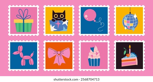 Set of cute hand-drawn post stamps with bright celebration elements like cupcake, cake, gifts, balloons, Disco Ball and bow. Festive party decor. Trendy modern vector illustartions, flat design