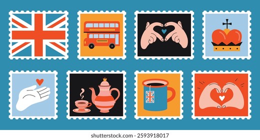 Set of cute hand-drawn post stamps with British culture symbols like flag, tea, red bus and Hands gestures. Learning English language concept. Trendy modern vector illustartions, flat design