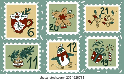 A set of cute hand-drawn postage stamps with Christmas and New Year attributes, a mug with cocoa, a star, a penguin, a garland, confetti and numbers. Fashionable vector illustrations in cartoon style