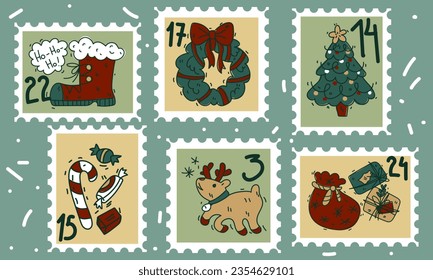 A set of cute hand-drawn postage stamps with Christmas and New Year attributes, a Santa Claus boot, a Christmas wreath, sweets, gifts and numbers. Fashionable vector illustrations in cartoon style