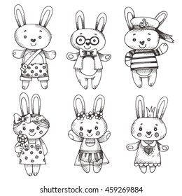 Set of cute  hand-drawn rabbits in different costumes. Cute cartoon characters