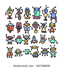 Set of cute handdrawn robots in various emotions. Vector illustration. Nice use for valentines or kid birthday card, as labels, prints etc