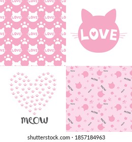 Set cute hand-drawn seamless pattern with cats
