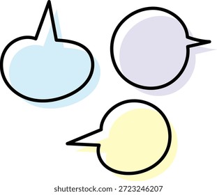 Um conjunto de bolhas de fala bonito desenhado à mão, setas e letras (linhas pretas, preenchimentos coloridos)