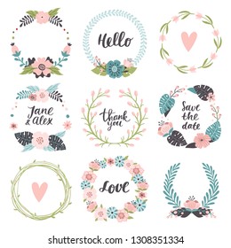 Set of cute hand-drawn Spring banners. Vector illustrations with spring flowers, leaves berries and different text. Great for a sell-out, banner, frame, website, flyer, postcard, print or email.