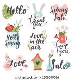 Set of cute hand-drawn Spring elements. Sunny vector illustrations with spring flowers, rabbit, hearts, vases, and texts. Great for a sell-out, banner, frame, website, flyer, postcard, print or email.