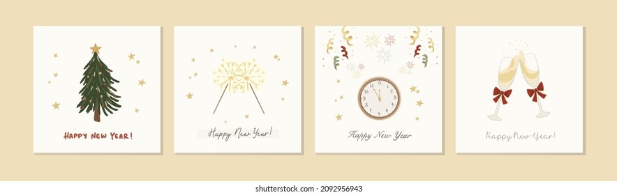 Set of cute hand-drawn square Happy New Year greeting card template designs. Cozy New Year celebration elements with lettering. Cute children drawing style gold postcard. Vector illustration EPS 10