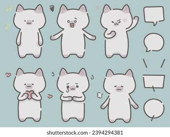 Set of cute hand-drawn style cat illustrations expressing emotion.