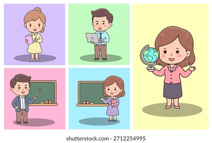 A set of cute handdrawn style illustrations featuring teacher character in different activities. The illustrations include a teacher holding a book, a teacher with a laptop, teacher with globe and two