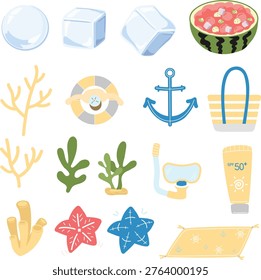 A set of cute hand-drawn summer icons featuring beach items, sea creatures, and refreshing food in a soft pastel color palette.