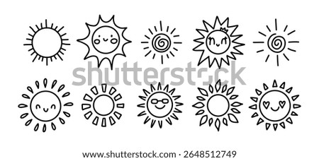 Set of cute hand-drawn sun doodles in black and white. Various cartoon sun icons with smiles, sunglasses, swirls, and rays. Perfect for coloring books, kids projects, stickers, and design elements.