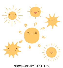 Set of cute hand-drawn sun icons. Isolated cartoon summer illustrations on white background.
