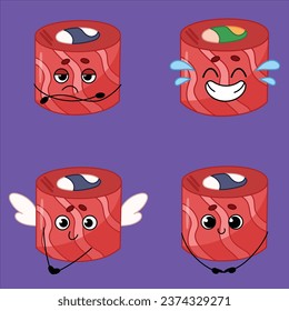 set cute handdrawn sushi rolls laughing tears smiling bored angel vector design illustration