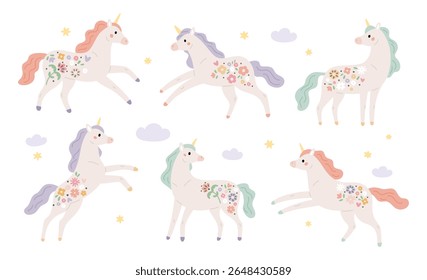 Conjunto de unicórnios bonitos desenhados à mão com decorações florais em seus corpos, crinas e caudas pastel, estrelas e nuvens ao redor, em estilo de desenho animado plano sobre fundo branco