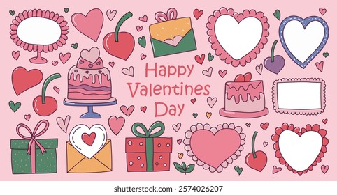 Set of cute hand-drawn Valentine's Day elements on a pink background, including hearts, gifts, and cakes	
