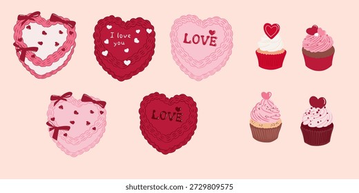 Conjunto de lindas ilustraciones dibujadas a mano del Día de San Valentín con pasteles en forma de corazón y cupcakes. Presenta glaseado decorativo, cintas, adornos de corazón y Elementos de texto de amor. Estilo limpio y lúdico diseñado para un fácil uso en composiciones a base de Vector
