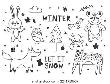 Conjunto de lindos animales de invierno dibujados a mano, elementos de Navidad, Año Nuevo e invierno aislados en fondo blanco. Oso, zorro, búho y ciervo. Colección vectorial de Doodle. EPS