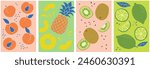 Set of cute, hand-made fruit posters. Peach, pineapple. kiwi, lime. 