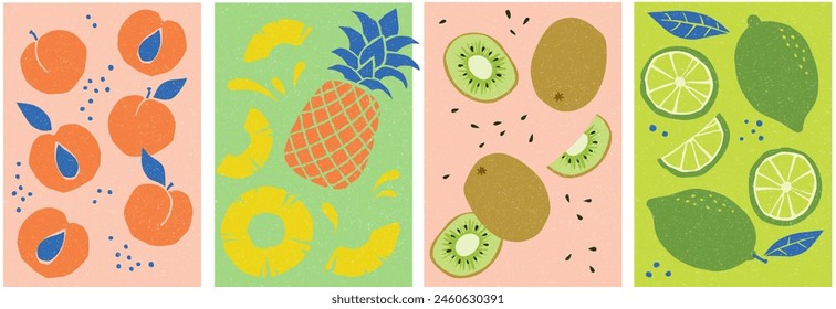 Set of cute, hand-made fruit posters. Peach, pineapple. kiwi, lime. 