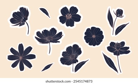 Set of cute handmade stickers with different flowers, buds and leaves. Vector floral illustration