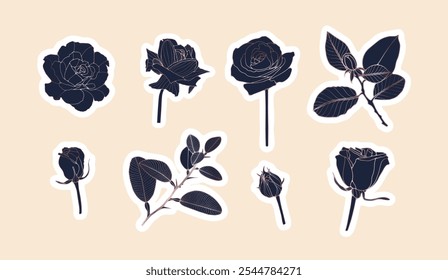 Set of cute handmade stickers with rose flowers, buds and leaves. Vector floral illustration