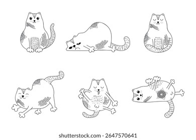 Set of cute hand-painted cats in different poses with elements of ethnic motifs. Collection of character drawings and doodle sketches