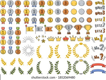 A set of cute hand-painted ranking icons such as medals, crowns and trophies.