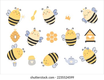 Set of cute handrawn bees and beekeeping elements,beehive,honeycomb,honey jar,kettle,crown.
Cartoon honey bee vector illustration isolated on white.Ideal for poster,nursery,card,invitation,print.