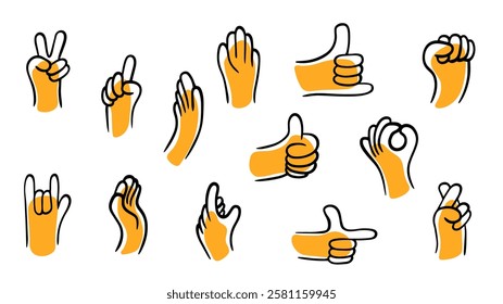 Set of cute hands gestures in modern cartoon simple style. Colorful abstract vector illustration.