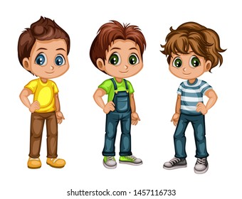 Set of Cute Handsome Boys in Stylish Clothes Cartoon Illustration. Three Happy Kids Characters Isolated on White Background