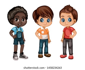 Set of Cute Handsome Boys in Stylish Clothes Cartoon Illustration. Three Happy Kids Characters Isolated on White Background