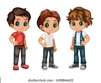 Set of Cute Handsome Boys in Stylish Clothes Cartoon Illustration. Three Happy Kids Characters Isolated on White Background