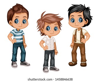 Set of Cute Handsome Boys in Stylish Clothes Cartoon Illustration. Three Happy Kids Characters Isolated on White Background