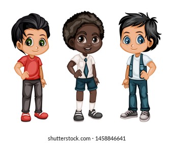 Set of Cute Handsome Boys in Stylish Clothes Cartoon Illustration. Three Happy Kids Characters Isolated on White Background