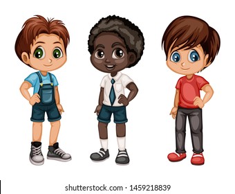 Set of Cute Handsome Boys in Stylish Clothes Cartoon Illustration. Three Happy Kids Characters Isolated on White Background