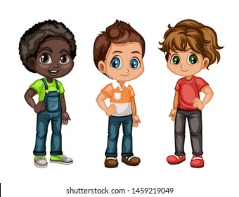 Set of Cute Handsome Boys in Stylish Clothes Cartoon Illustration. Three Happy Kids Characters Isolated on White Background