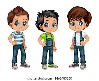 Set of Cute Handsome Boys in Stylish Clothes Cartoon Illustration. Three Happy Kids Characters Isolated on White Background