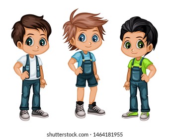 Set of Cute Handsome Boys in Stylish Clothes Cartoon Illustration. Three Happy Kids Characters Isolated on White Background
