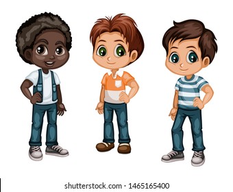 Set of Cute Handsome Boys in Stylish Clothes Cartoon Illustration. Three Happy Kids Characters Isolated on White Background