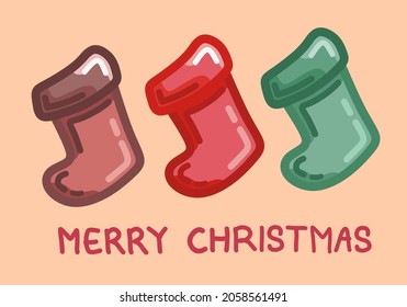 Set of cute hanging christmas socks with minimalist flat color cartoon vector illustration
