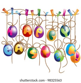 Set of Cute Hanging Easter Eggs. Isolated on white background
