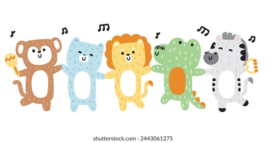 Conjunto de lindos animales felices bailando sobre fondo blanco. Animal salvaje y reptil de pelo suave personaje de dibujos animados. Mono, oso, león, cocodrilo, cebra dibujado a mano colección.Kawaii.Vector.Ilustración. 