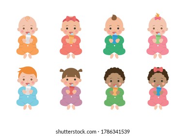 Set of cute happy babies illustration set, babies drink milk